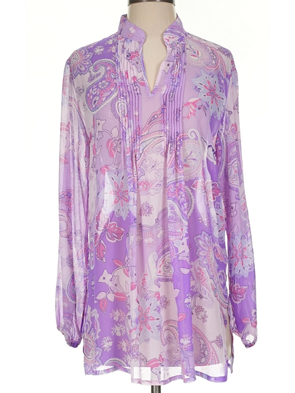 SUSAN GRAVER Sheer Poly Chiffon Long Sleeve Paisley Tunic Top/Coverup